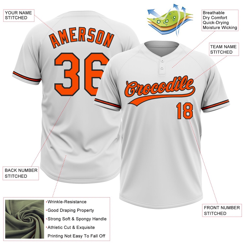 White Orange Black Two Button Unisex Softball Jersey, Custom Team Softball Jersey