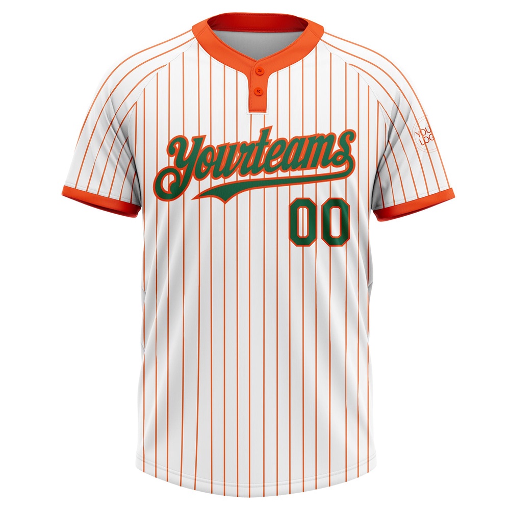 White Orange Pinstripe Kelly Green Two Button Unisex Softball Jersey, Custom Team Softball Jersey