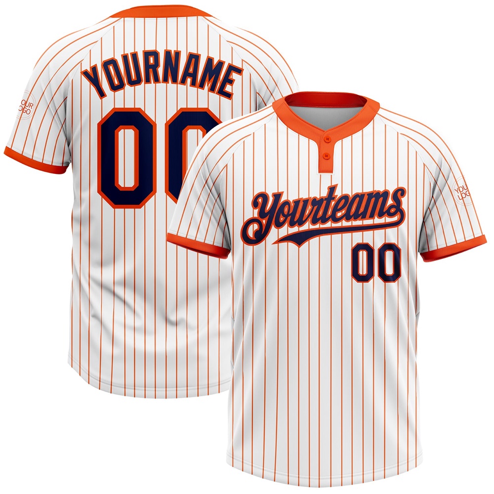White Orange Pinstripe Navy Two Button Unisex Softball Jersey, Custom Team Softball Jersey