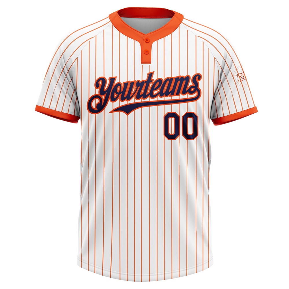 White Orange Pinstripe Navy Two Button Unisex Softball Jersey, Custom Team Softball Jersey