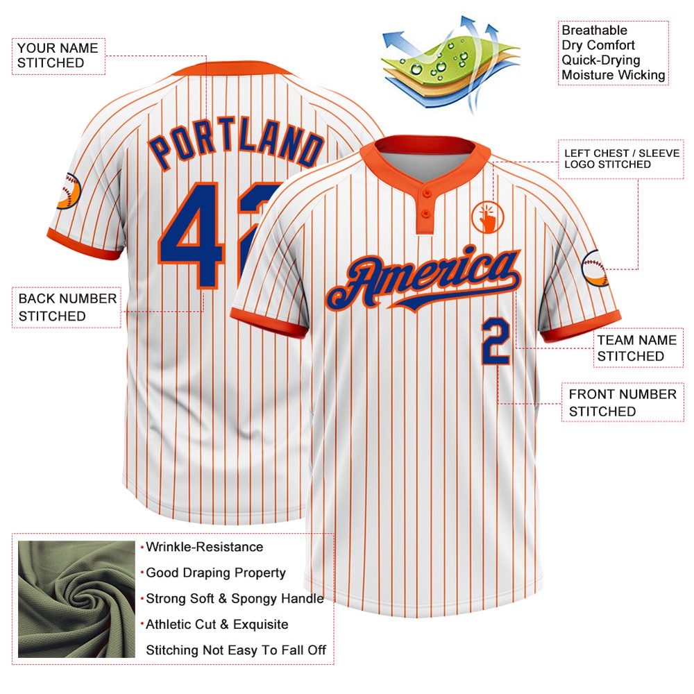White Orange Pinstripe Royal Two Button Unisex Softball Jersey, Custom Team Softball Jersey