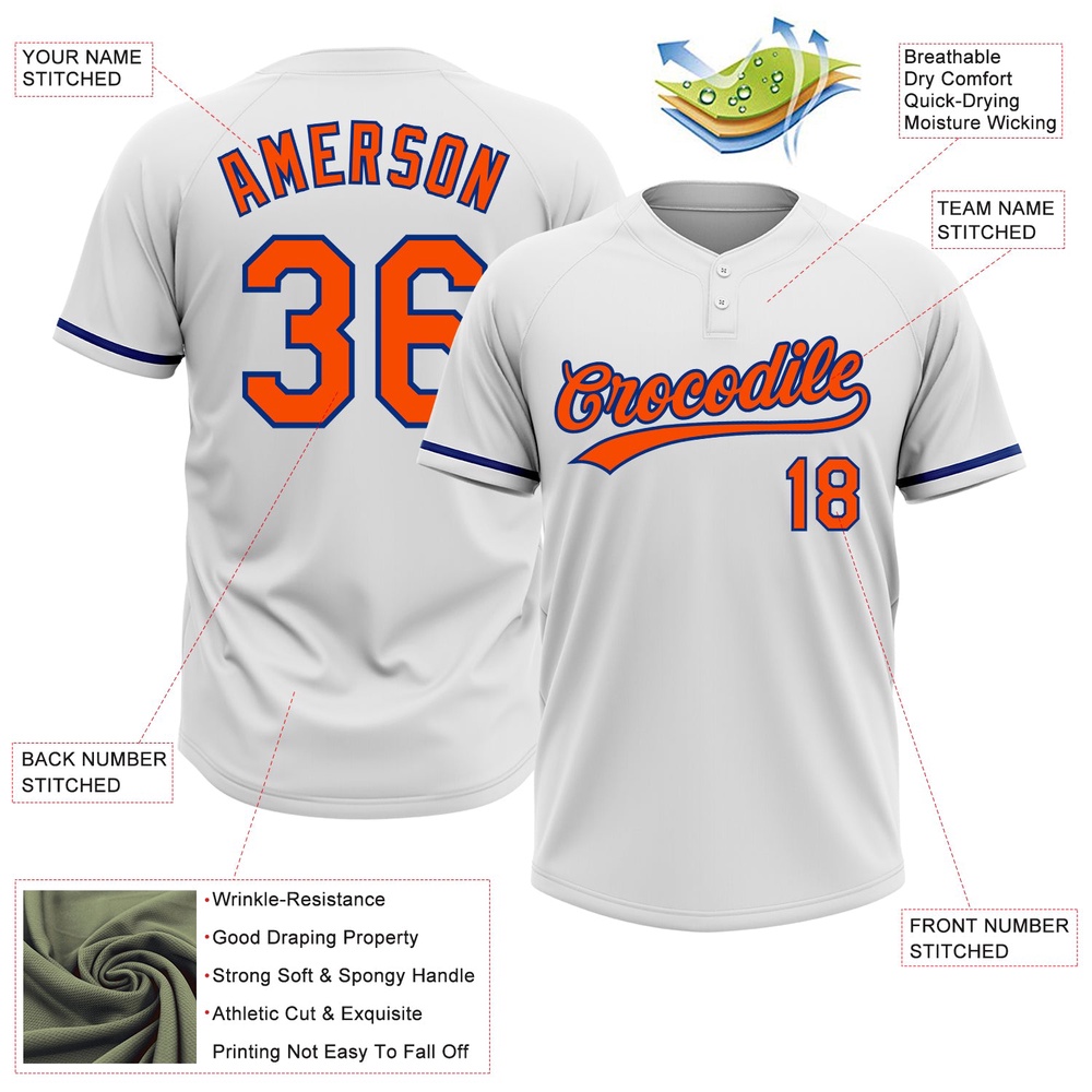 White Orange Royal Two Button Unisex Softball Jersey, Custom Team Softball Jersey