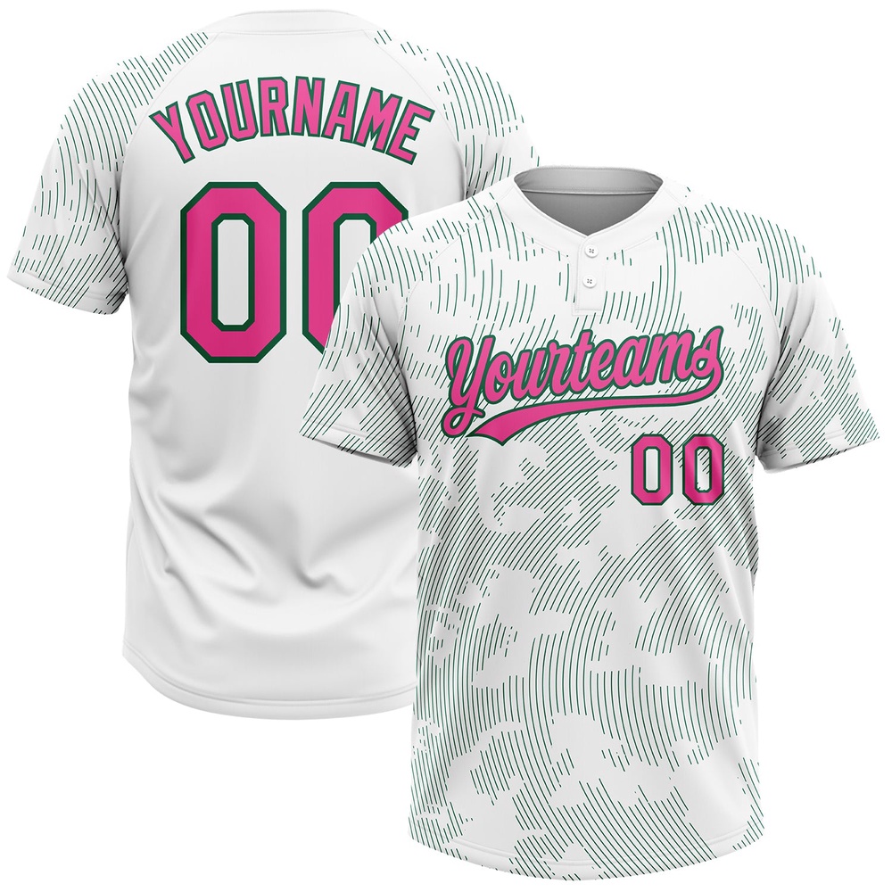 White Pink Kelly Green 3D Pattern Curve Lines Two Button Unisex Softball Jersey, Custom Team Softball Jersey