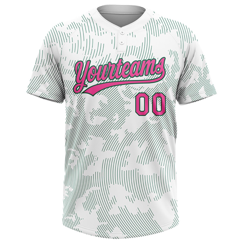 White Pink Kelly Green 3D Pattern Curve Lines Two Button Unisex Softball Jersey, Custom Team Softball Jersey