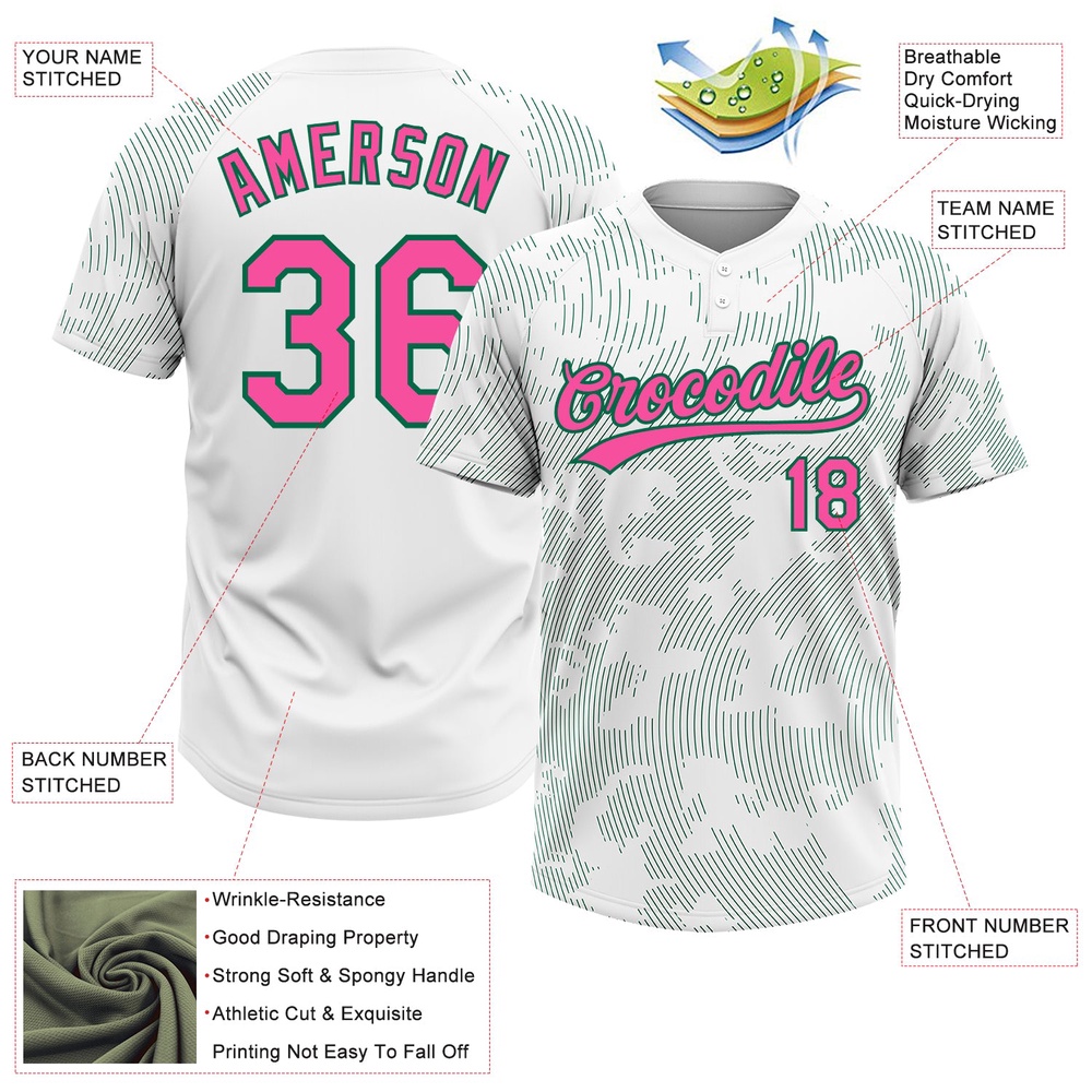 White Pink Kelly Green 3D Pattern Curve Lines Two Button Unisex Softball Jersey, Custom Team Softball Jersey