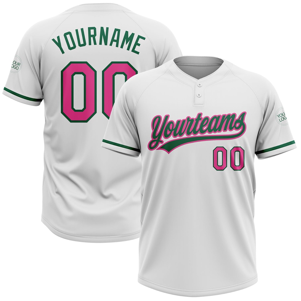White Pink Kelly Green Two Button Unisex Softball Jersey, Custom Team Softball Jersey