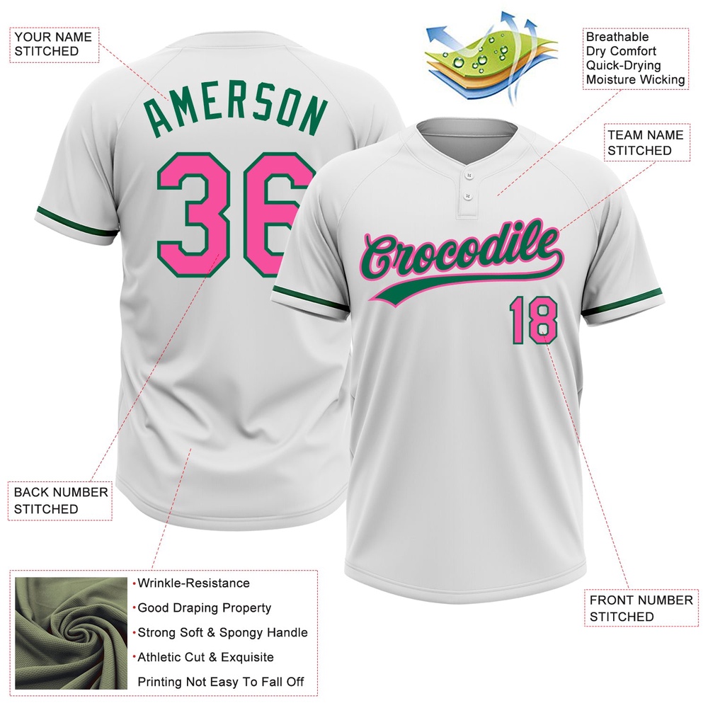 White Pink Kelly Green Two Button Unisex Softball Jersey, Custom Team Softball Jersey