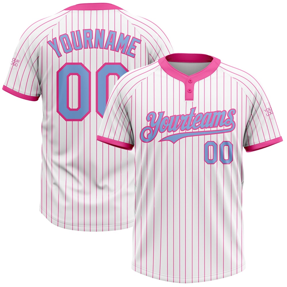 White Pink Pinstripe Light Blue Two Button Unisex Softball Jersey, Custom Team Softball Jersey