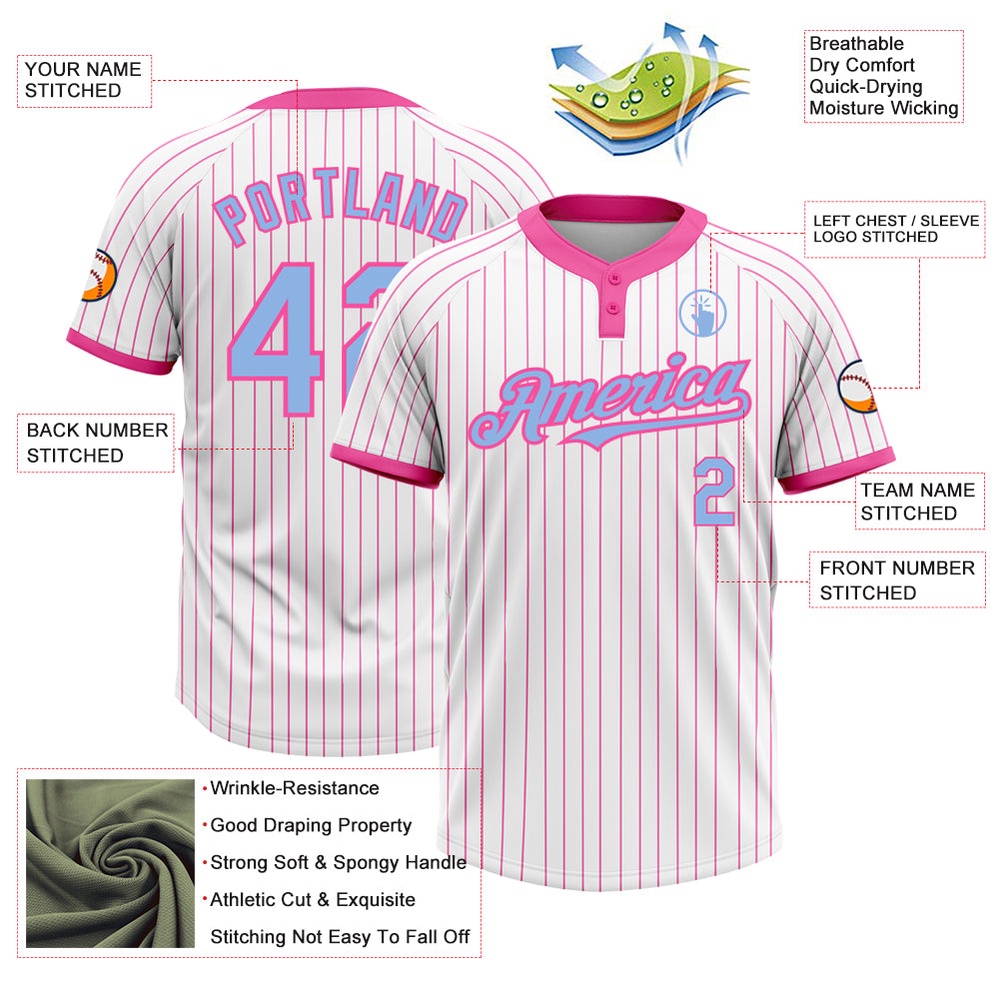 White Pink Pinstripe Light Blue Two Button Unisex Softball Jersey, Custom Team Softball Jersey