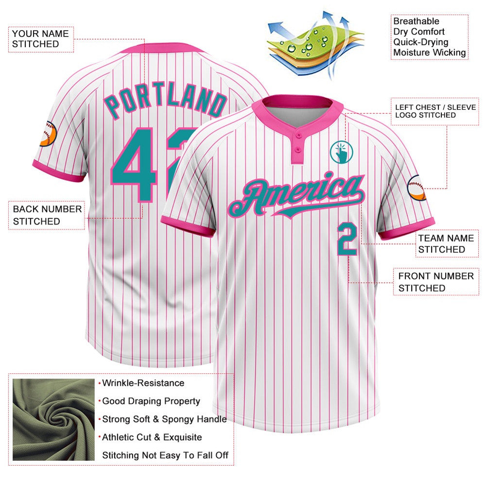 White Pink Pinstripe Teal Two Button Unisex Softball Jersey, Custom Team Softball Jersey