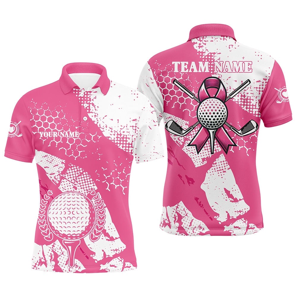 White & Pink Ribbon Retro Men’s Golf Polo Shirts Custom Breast Cancer Golf Shirts, Golf Attire For Men, Golf Polo Shirt, Golf Shirts