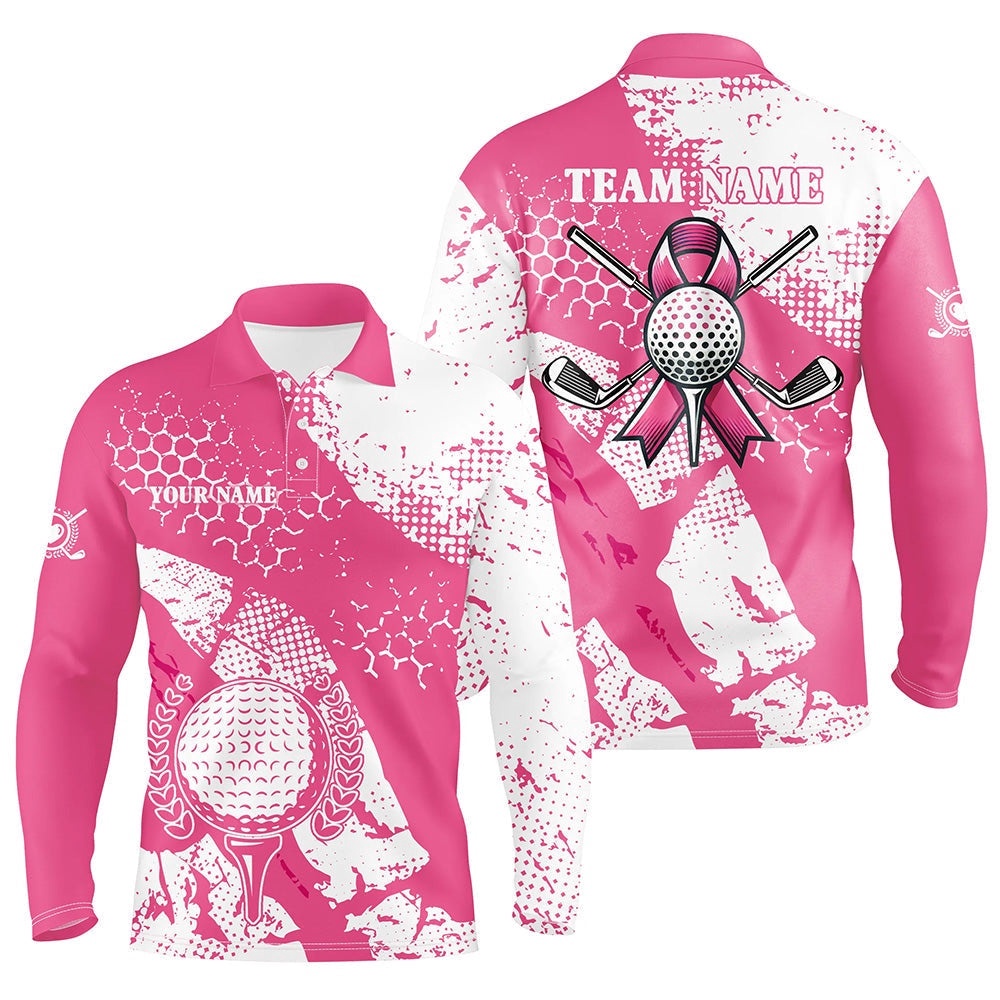 White & Pink Ribbon Retro Men’s Golf Polo Shirts Custom Breast Cancer Golf Shirts, Golf Attire For Men, Golf Polo Shirt, Golf Shirts