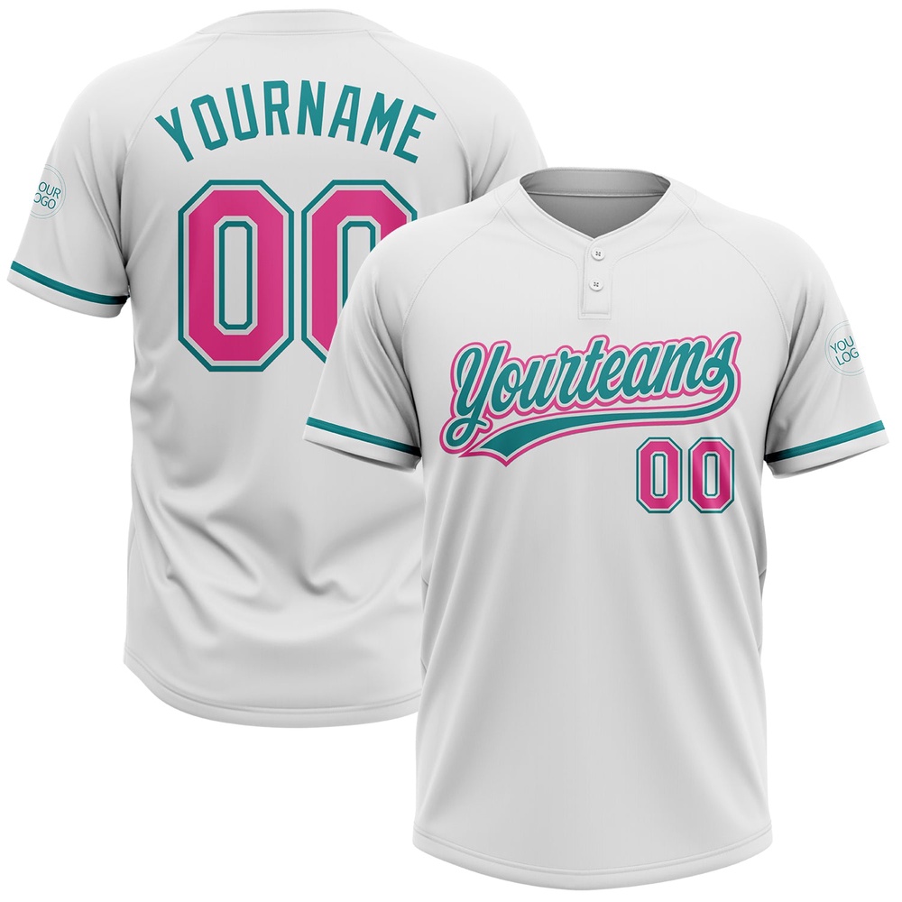 White Pink Teal Two Button Unisex Softball Jersey, Custom Team Softball Jersey
