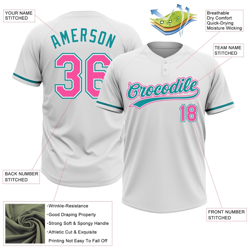 White Pink Teal Two Button Unisex Softball Jersey, Custom Team Softball Jersey