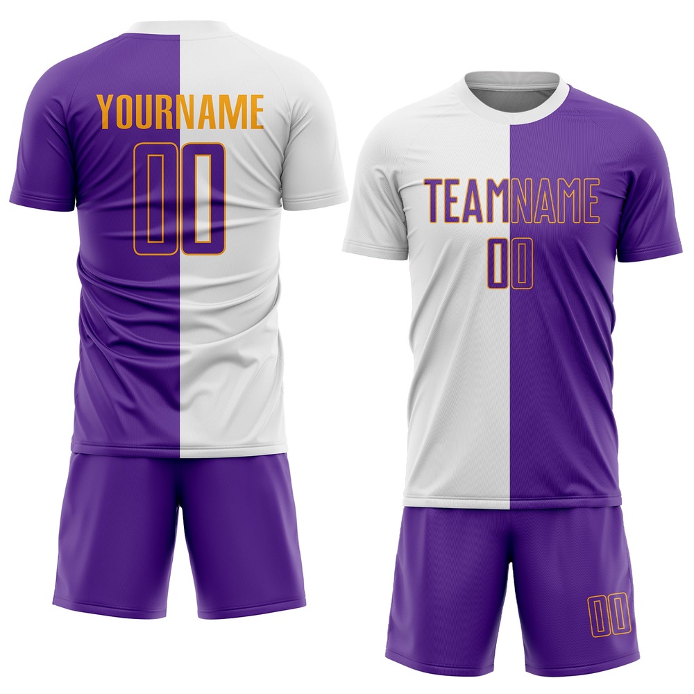 White Purple Gold Sublimation Split Fashion Soccer Uniform Jersey, Custom Team Soccer Jersey Shirt