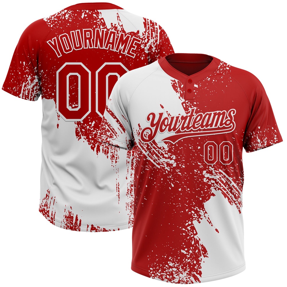 White Red 3D Pattern Abstract Brush Stroke Two Button Unisex Softball Jersey, Custom Team Softball Jersey