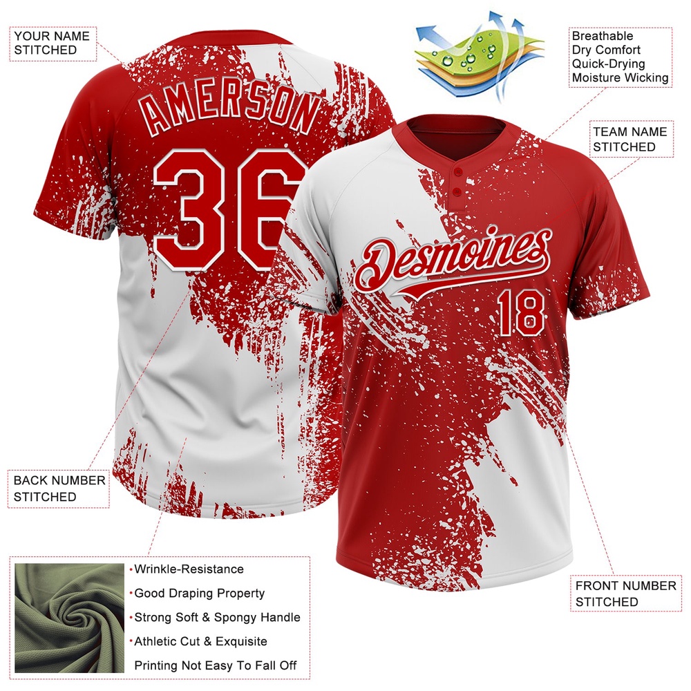 White Red 3D Pattern Abstract Brush Stroke Two Button Unisex Softball Jersey, Custom Team Softball Jersey