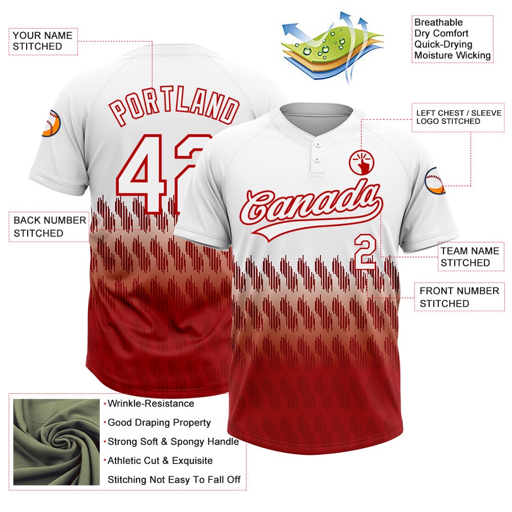 White Red 3D Pattern Lines Two Button Unisex Softball Jersey, Custom Team Softball Jersey