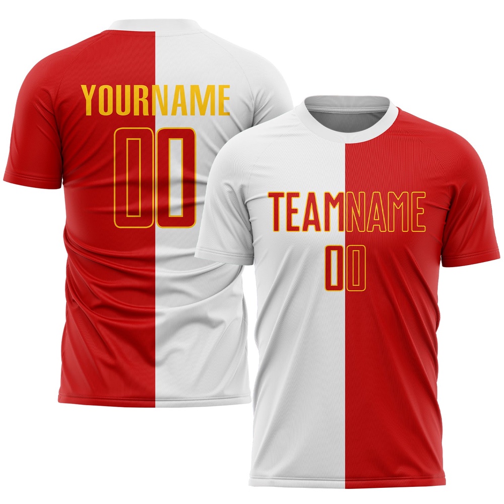 White Red Gold Sublimation Split Fashion Soccer Uniform Jersey, Custom Team Soccer Jersey Shirt