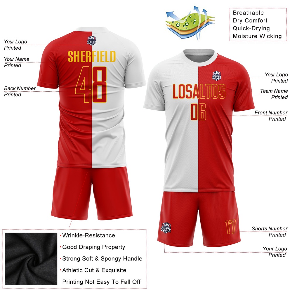 White Red Gold Sublimation Split Fashion Soccer Uniform Jersey, Custom Team Soccer Jersey Shirt