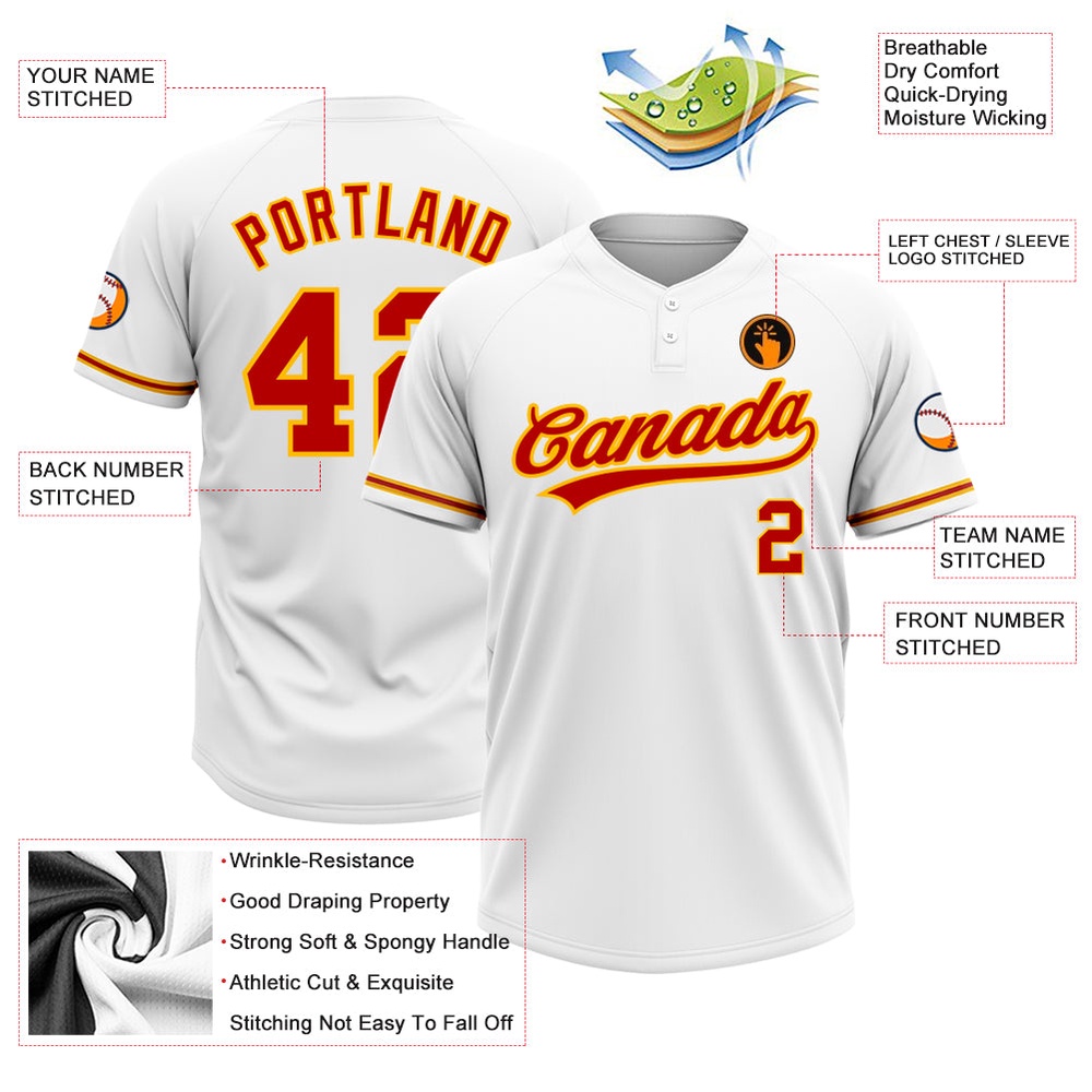 White Red Gold Two Button Unisex Softball Jersey, Custom Team Softball Jersey