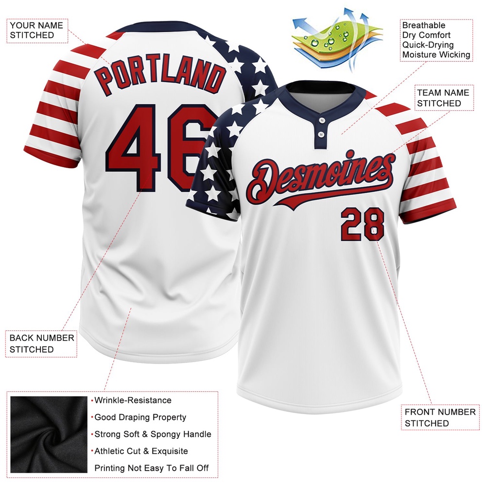 White Red Navy 3D American Flag Fashion Two Button Unisex Softball Jersey, Custom Team Softball Jersey
