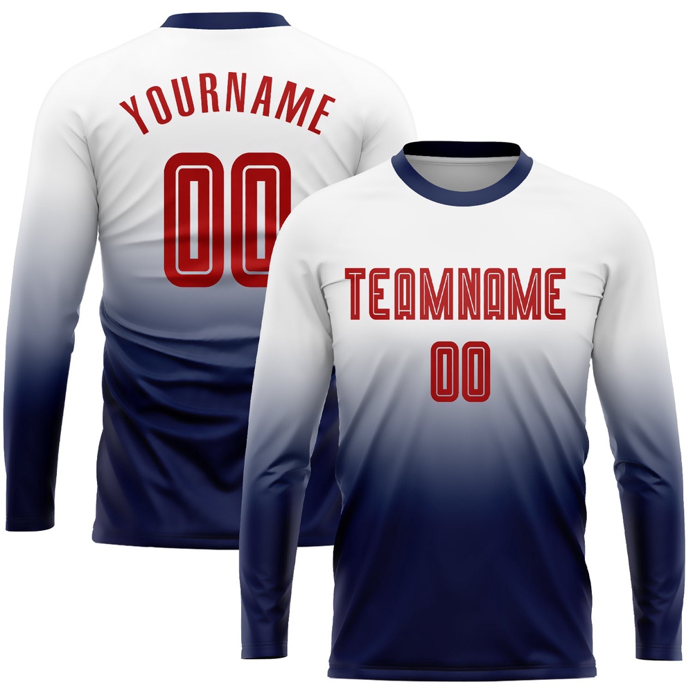 White Red Navy Sublimation Long Sleeve Fade Fashion Soccer Uniform Jersey, Custom Team Soccer Jersey Shirt