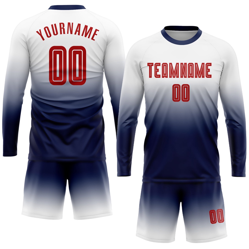 White Red Navy Sublimation Long Sleeve Fade Fashion Soccer Uniform Jersey, Custom Team Soccer Jersey Shirt