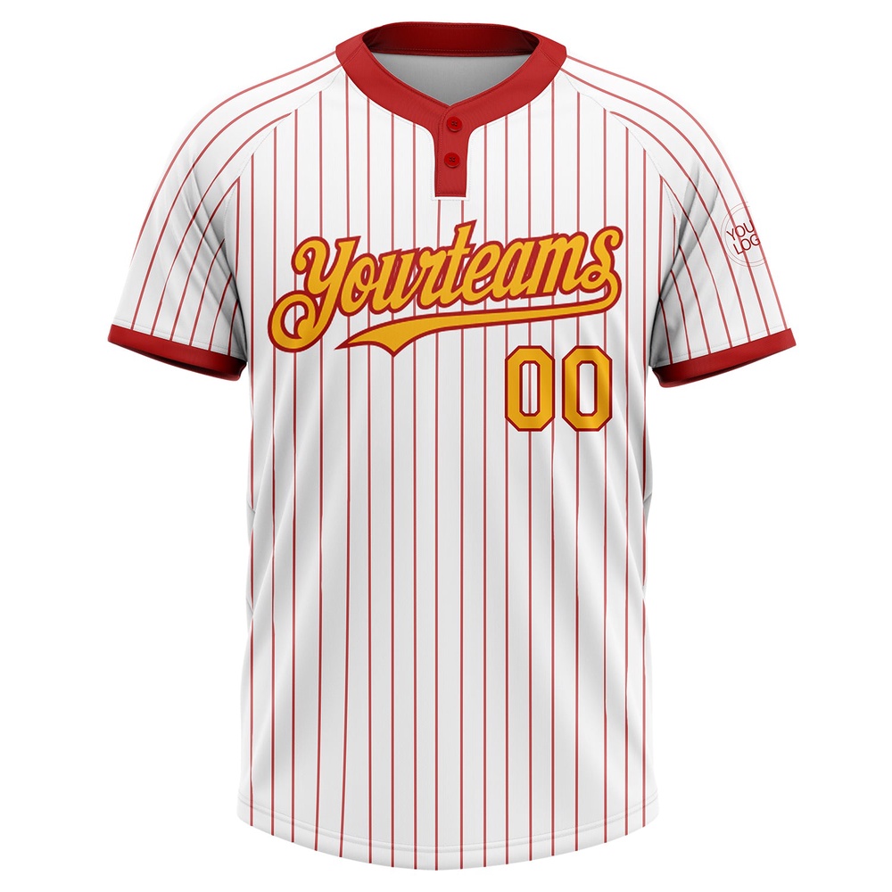 White Red Pinstripe Gold Two Button Unisex Softball Jersey, Custom Team Softball Jersey