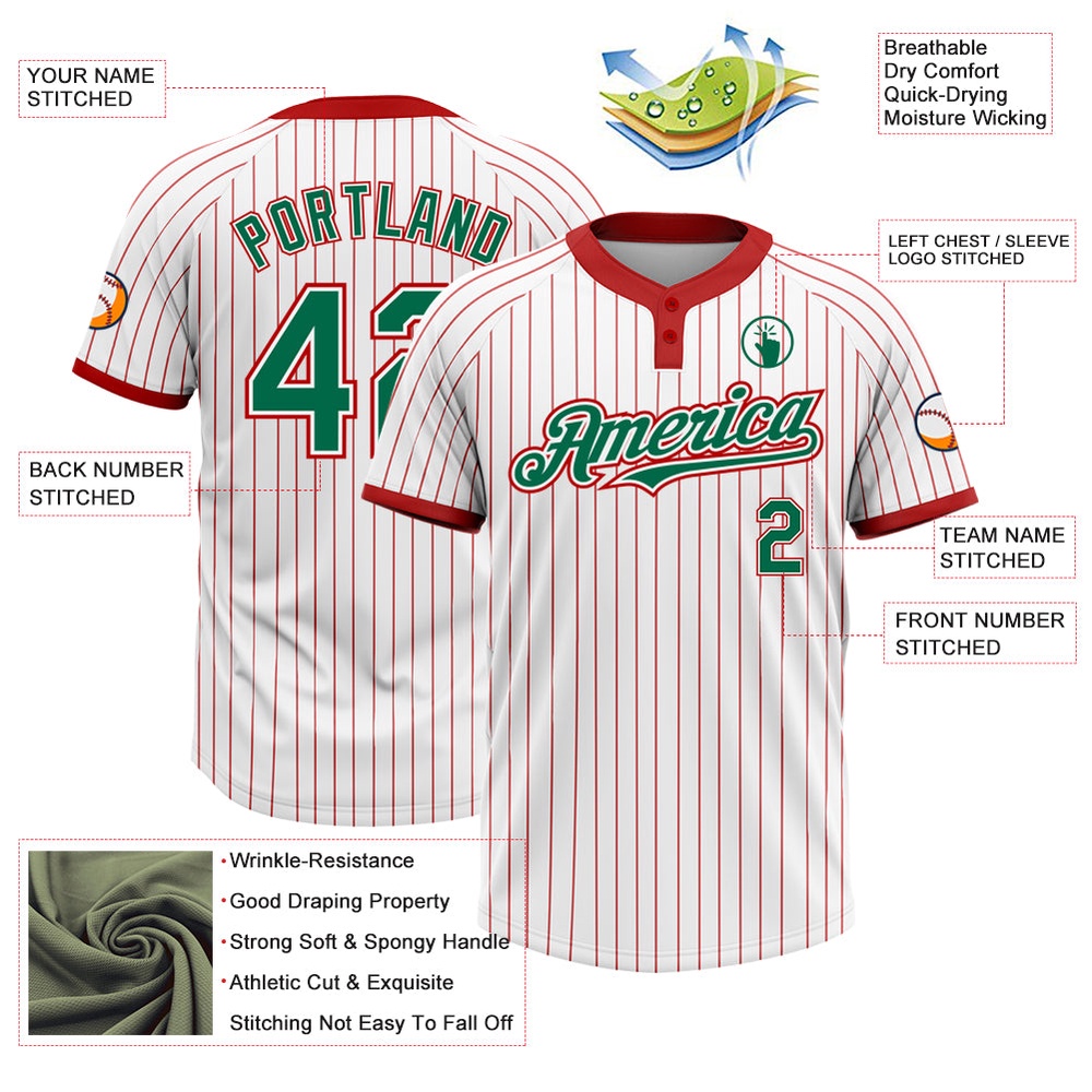White Red Pinstripe Kelly Green Two Button Unisex Softball Jersey, Custom Team Softball Jersey