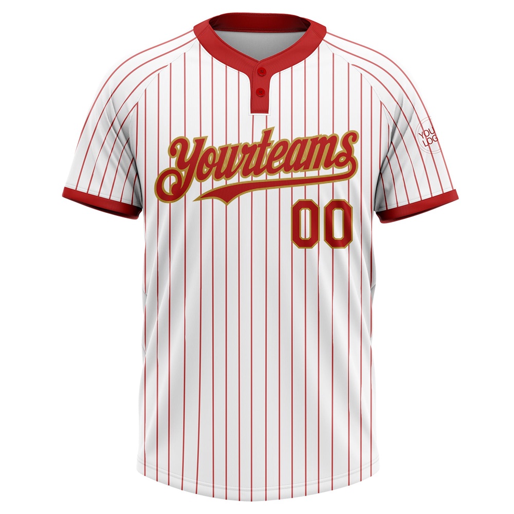 White Red Pinstripe Old Gold Two Button Unisex Softball Jersey, Custom Team Softball Jersey