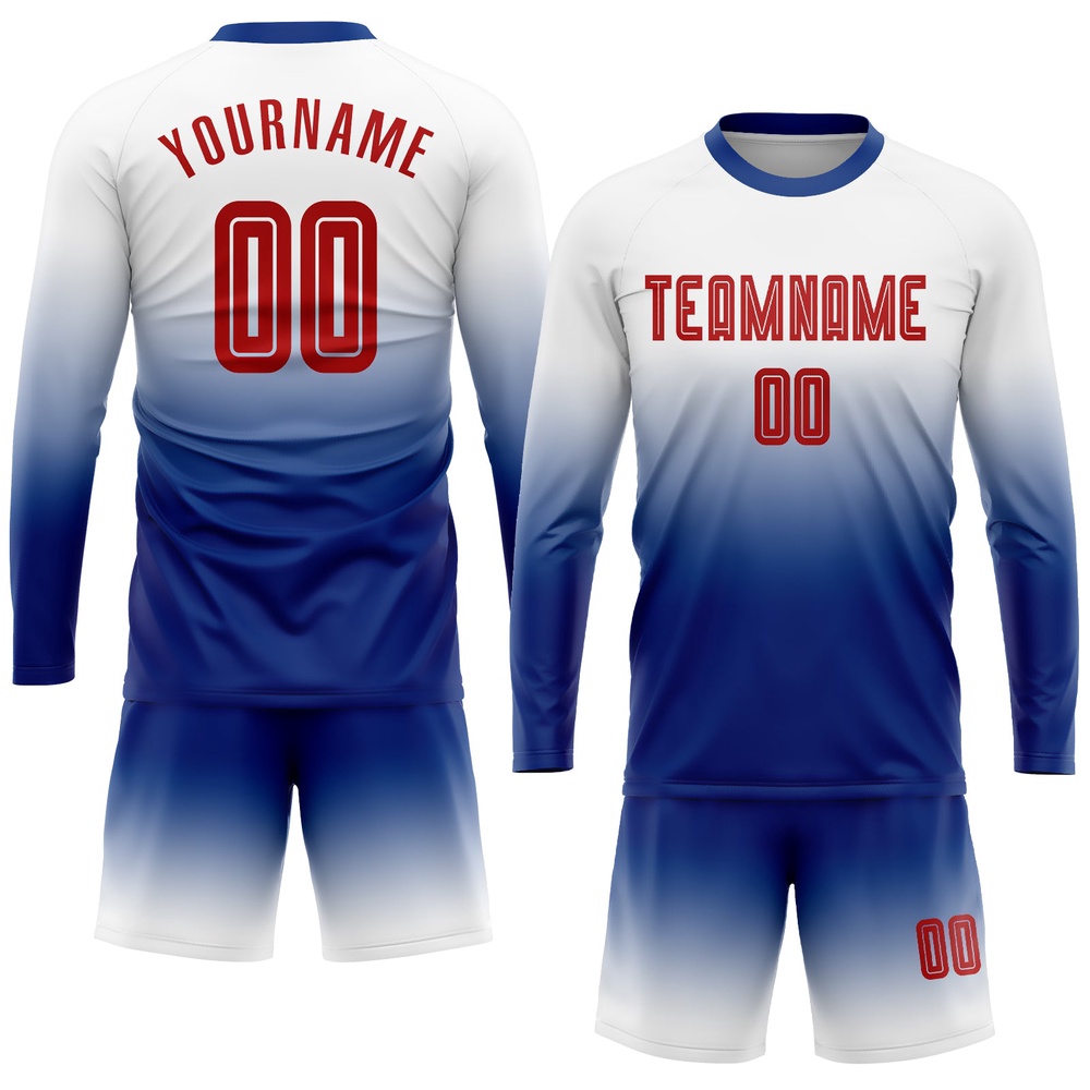 White Red Royal Sublimation Long Sleeve Fade Fashion Soccer Uniform Jersey, Custom Team Soccer Jersey Shirt