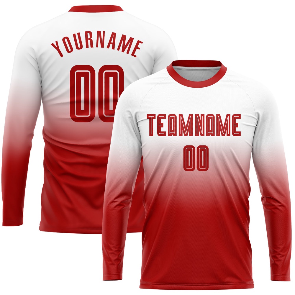 White Red Sublimation Long Sleeve Fade Fashion Soccer Uniform Jersey, Custom Team Soccer Jersey Shirt