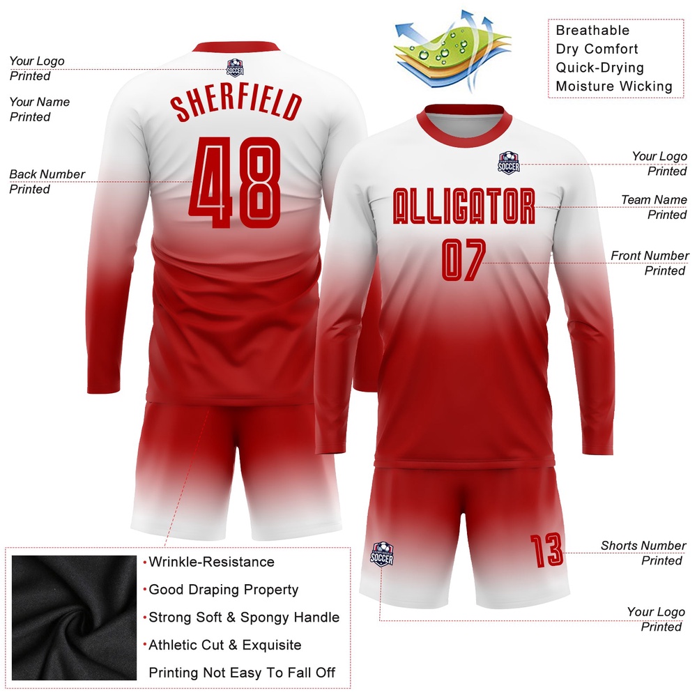 White Red Sublimation Long Sleeve Fade Fashion Soccer Uniform Jersey, Custom Team Soccer Jersey Shirt
