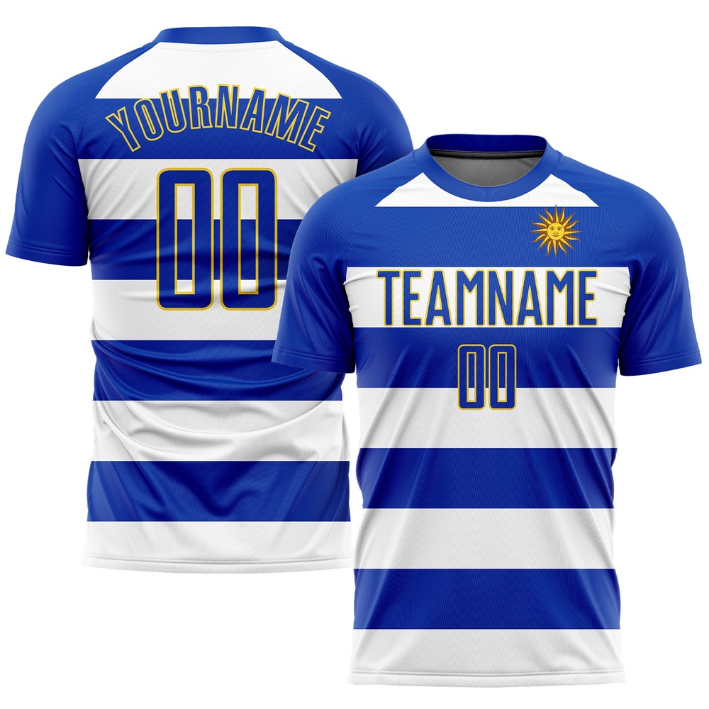 White Royal Gold Sublimation Uruguayan Flag Soccer Uniform Jersey, Custom Team Soccer Jersey Shirt