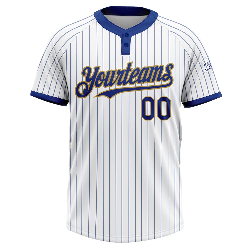 White Royal Pinstripe Old Gold Two Button Unisex Softball Jersey, Custom Team Softball Jersey