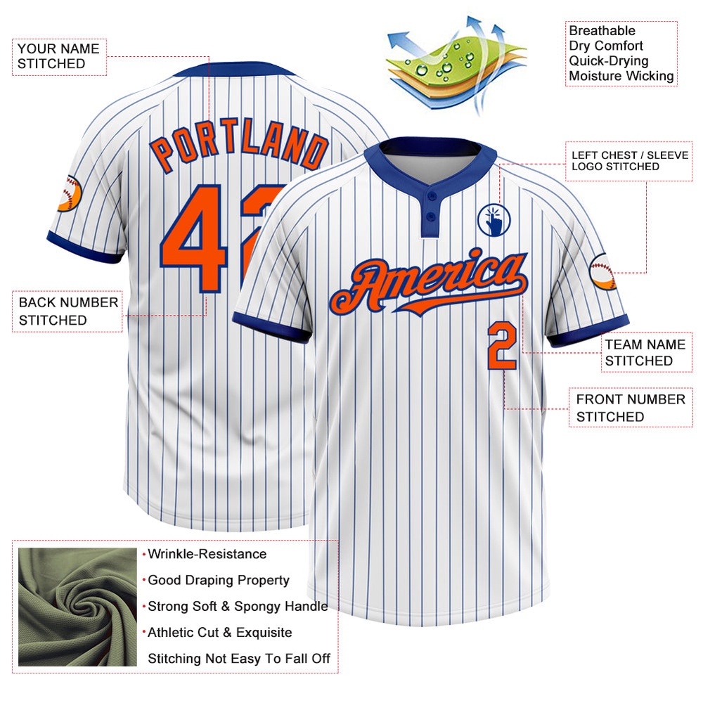 White Royal Pinstripe Orange Two Button Unisex Softball Jersey, Custom Team Softball Jersey