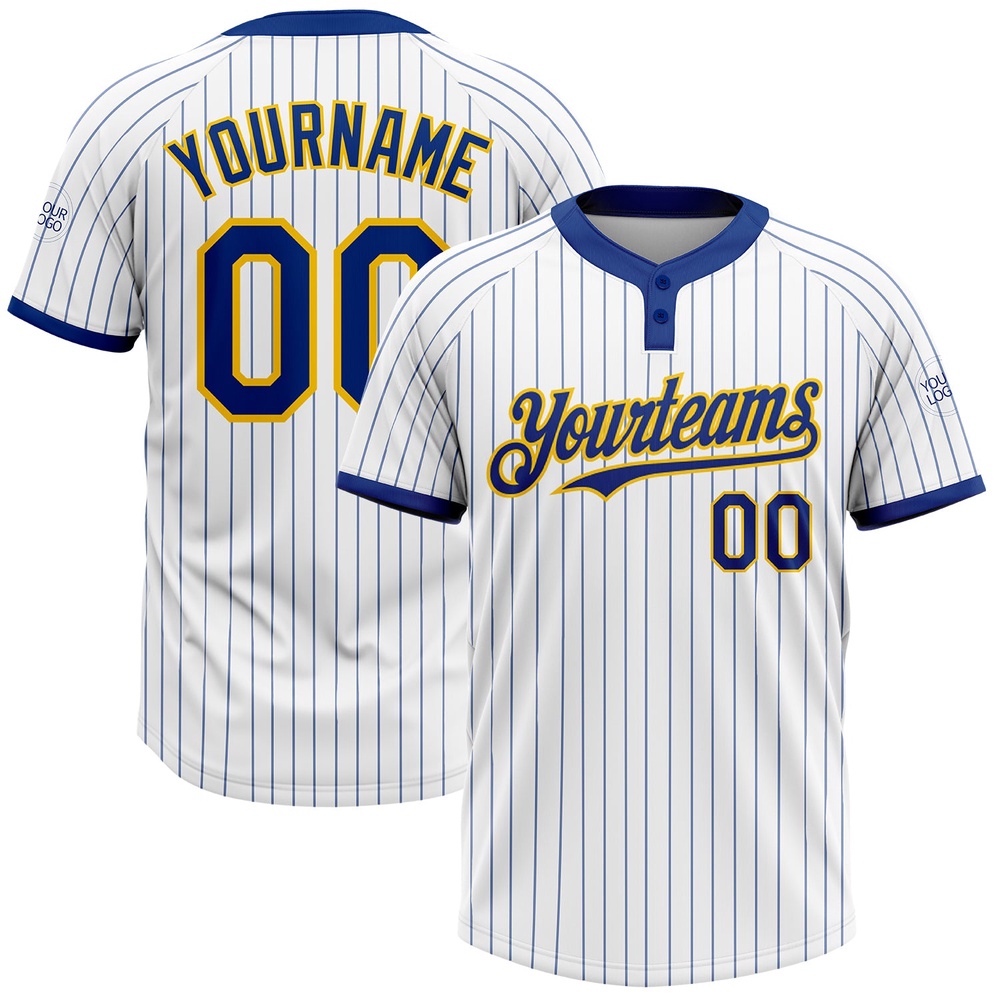 White Royal Pinstripe Yellow Two Button Unisex Softball Jersey, Custom Team Softball Jersey