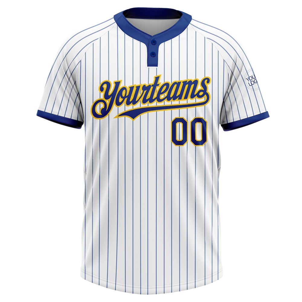 White Royal Pinstripe Yellow Two Button Unisex Softball Jersey, Custom Team Softball Jersey