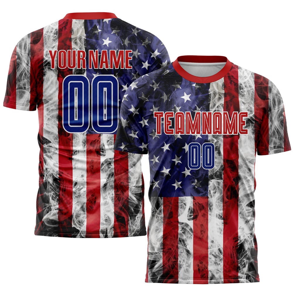 White Royal Red American Flag Fashion Sublimation Soccer Uniform Jersey, Custom Team Soccer Jersey Shirt