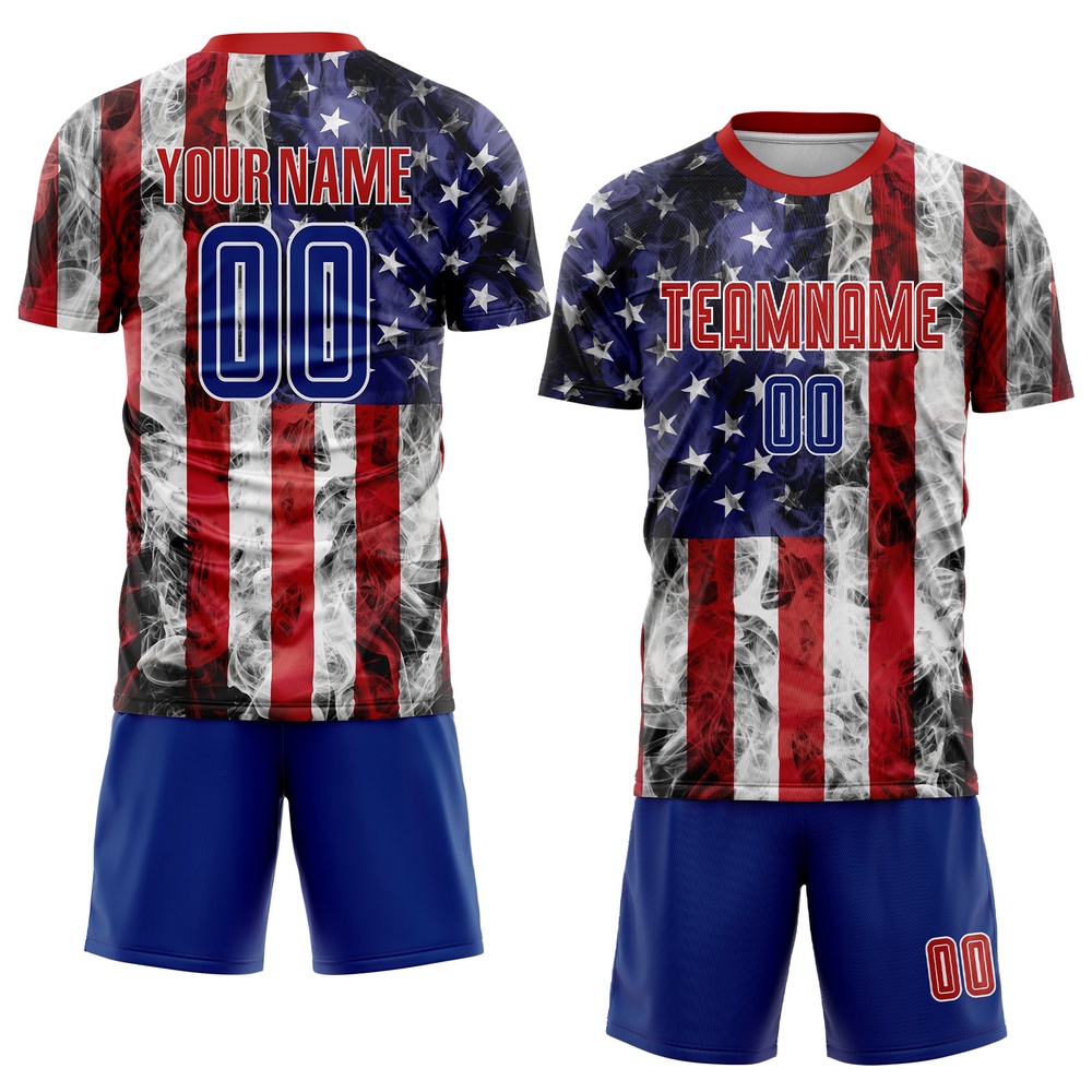 White Royal Red American Flag Fashion Sublimation Soccer Uniform Jersey, Custom Team Soccer Jersey Shirt