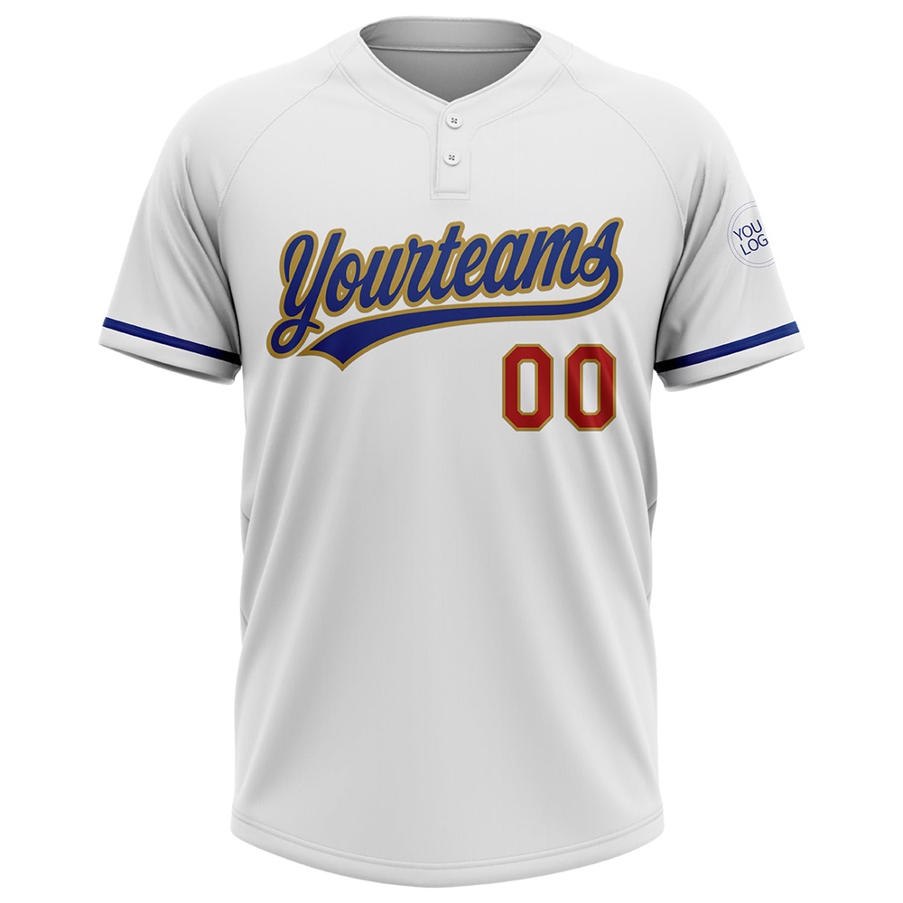 White Royal Red Old Gold Two Button Unisex Softball Jersey, Custom Team Softball Jersey