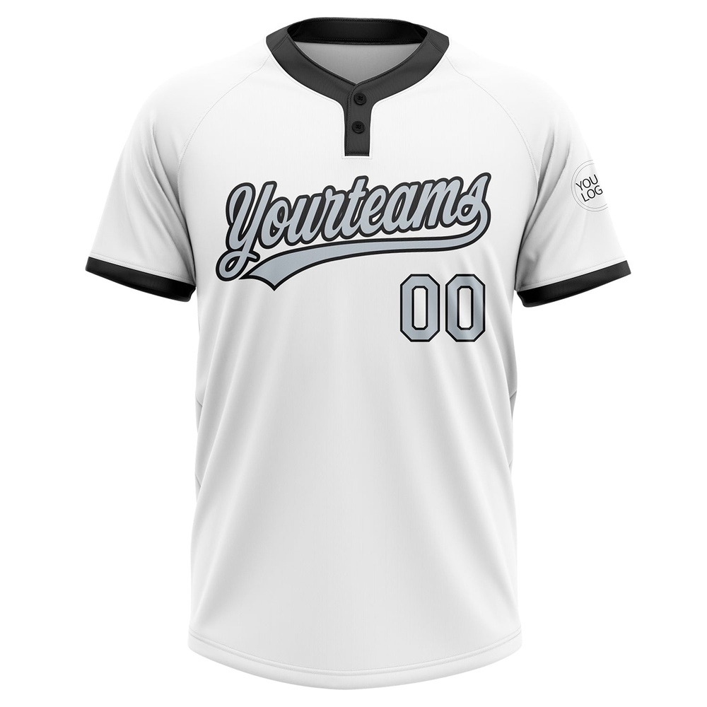 White Silver Black Two Button Unisex Softball Jersey, Custom Team Softball Jersey