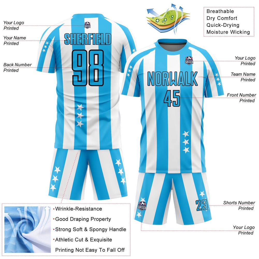 White Sky Blue Black Stars And Squares Sublimation Soccer Uniform Jersey, Custom Team Soccer Jersey Shirt