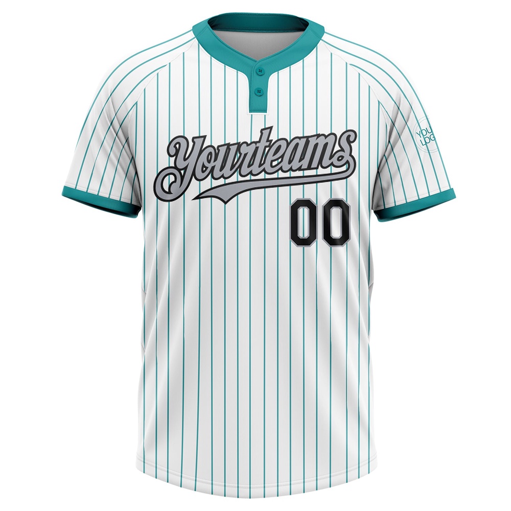 White Teal Pinstripe Black Gray Two Button Unisex Softball Jersey, Custom Team Softball Jersey