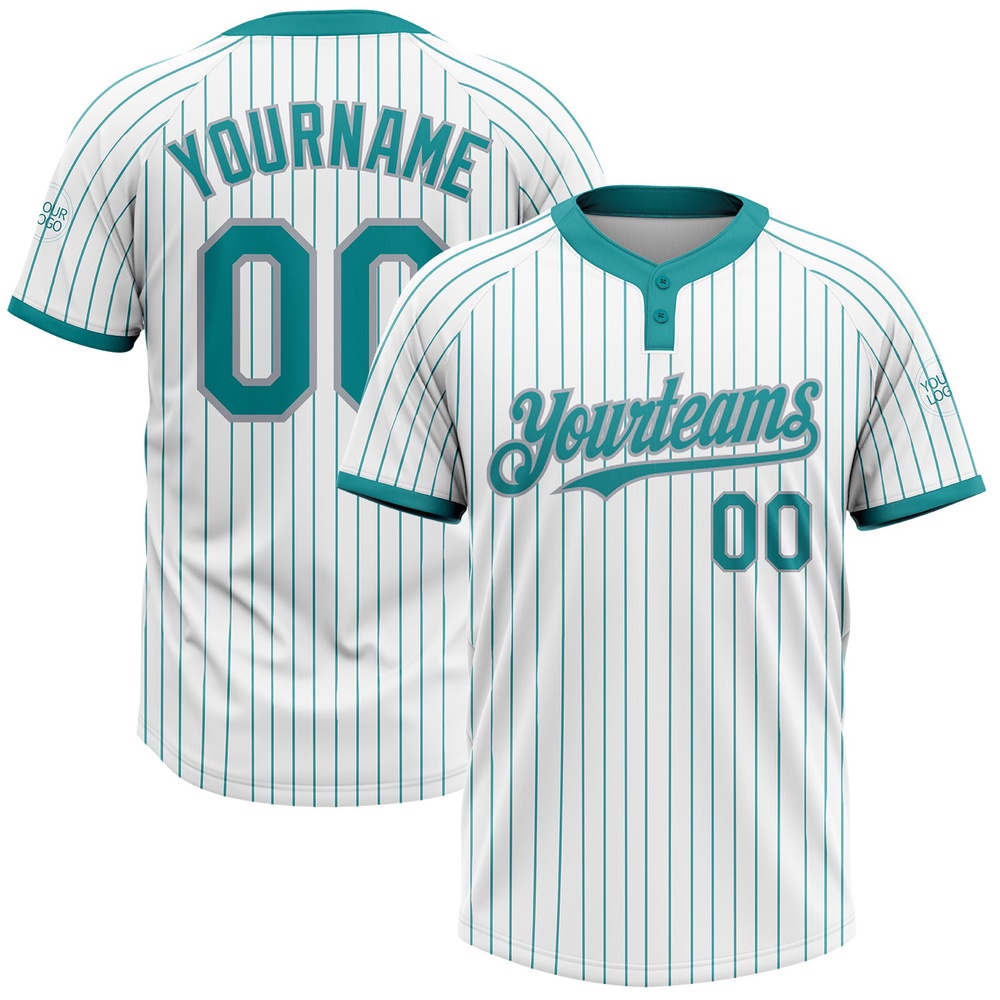 White Teal Pinstripe Gray Two Button Unisex Softball Jersey, Custom Team Softball Jersey