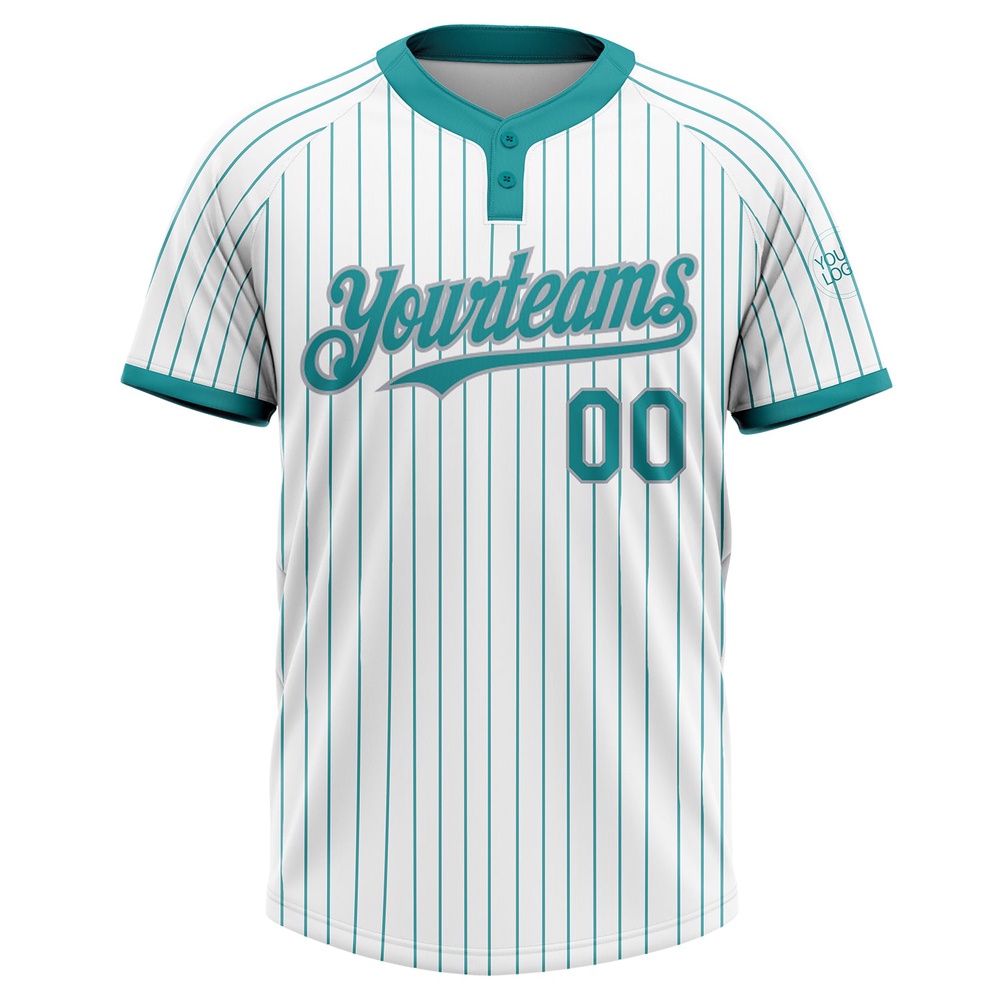 White Teal Pinstripe Gray Two Button Unisex Softball Jersey, Custom Team Softball Jersey