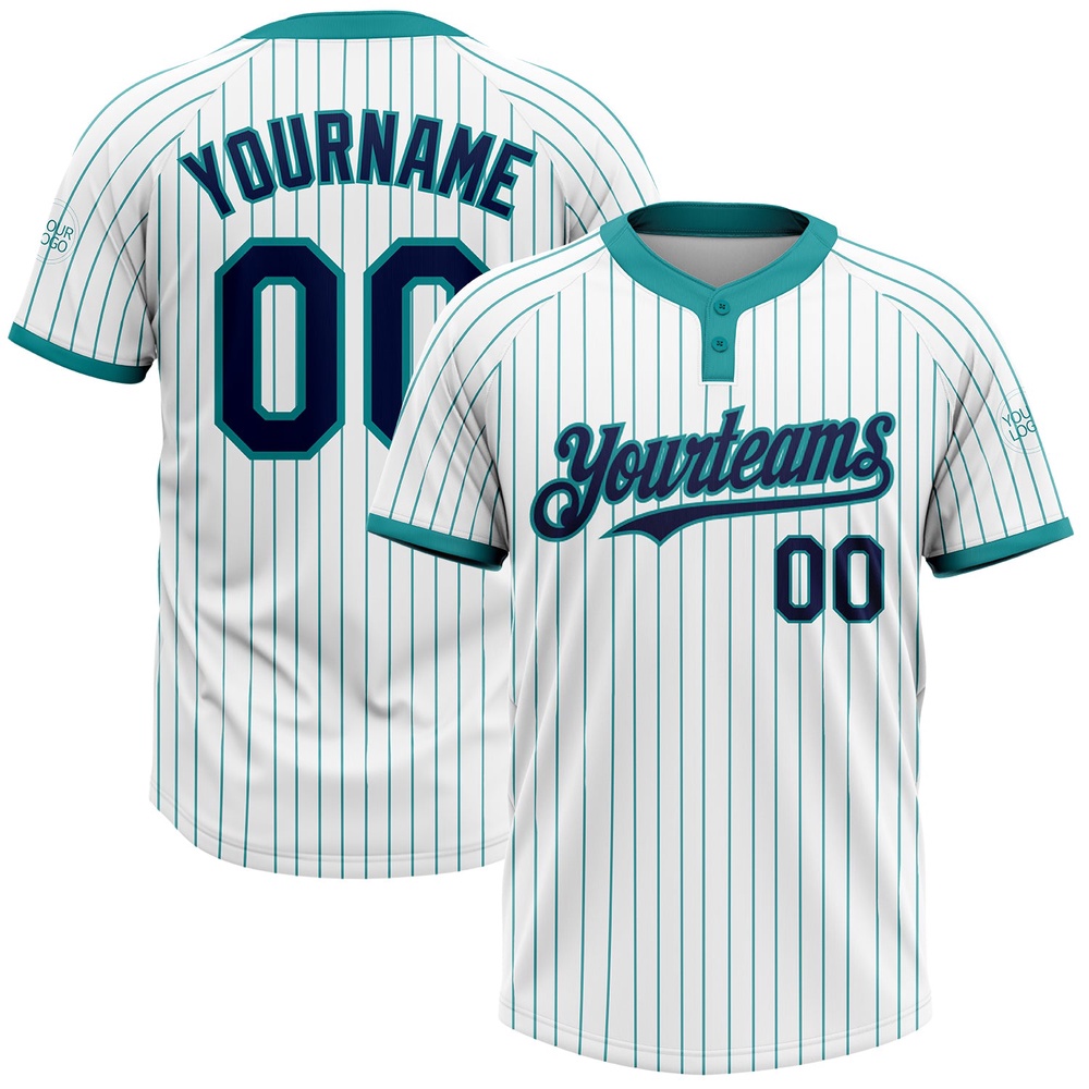 White Teal Pinstripe Navy Two Button Unisex Softball Jersey, Custom Team Softball Jersey