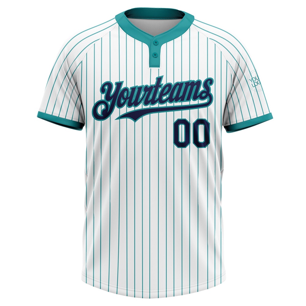 White Teal Pinstripe Navy Two Button Unisex Softball Jersey, Custom Team Softball Jersey