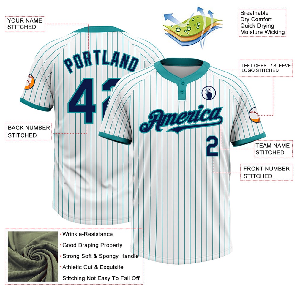 White Teal Pinstripe Navy Two Button Unisex Softball Jersey, Custom Team Softball Jersey